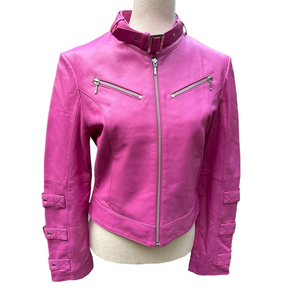 Fuchsia Pink Leather Moto Jacket São Paulo Size 6 – Cropped Buckle Sleeve Biker - Picture 2 of 15